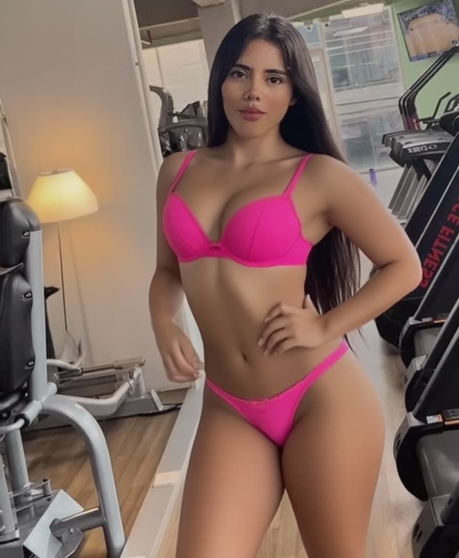AI generated: tire a calã e blusa dessa mulher. coloque a mesma mulher em um quarto, lingerie rosa, calcinha rosa ...
