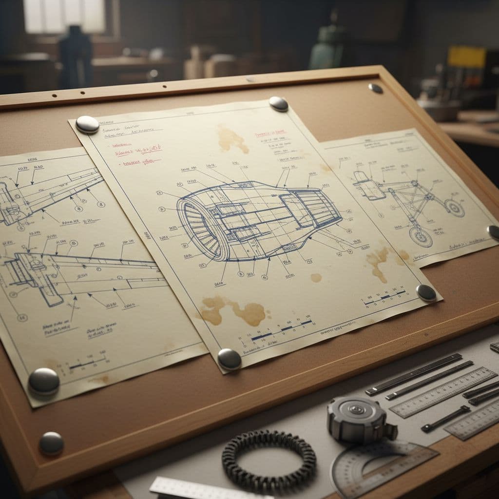AI generated: A set of technical aircraft blueprints pinned to a drafting board, technical measurements and scale ...
