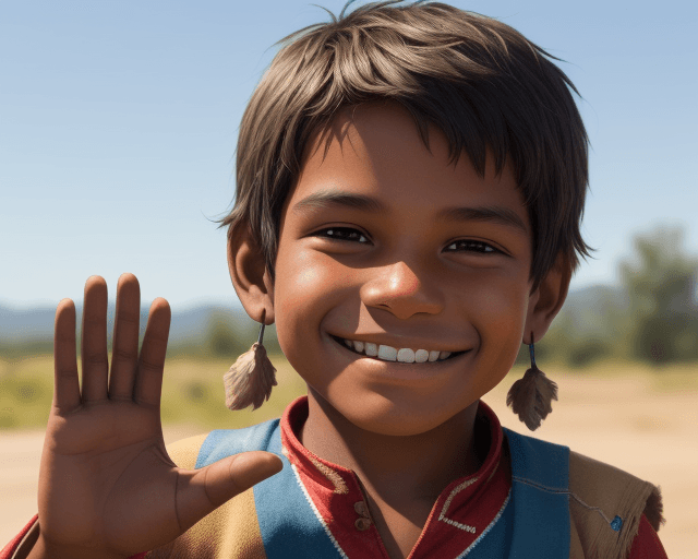 AI generated: realistic image of an indigenous boy smiling and waving with his hand without ornaments on his head ...