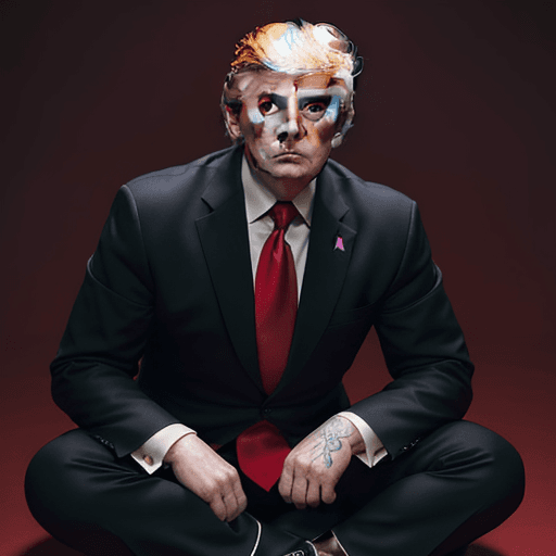 AI generated: donald trump 40 years old, looking serious with a small smile staring sharply, black suit and red ti...