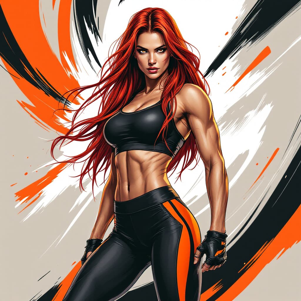 AI generated: A dynamic and powerful female athlete with long, flowing red hair, wearing a black and orange sports...