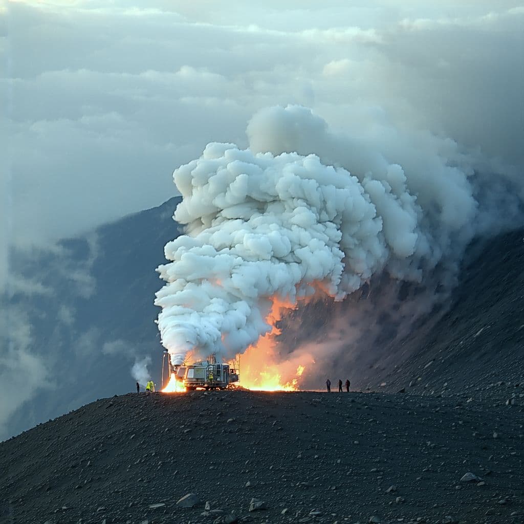 AI generated: A ground-based silver iodide (AgI) generator is installed on a mountain slope for cloud seeding. The...