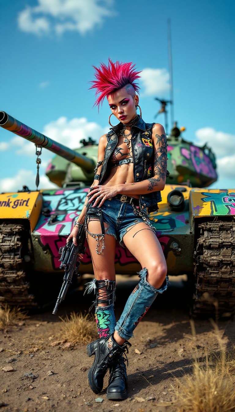 AI generated: Full-length view of a bold portrait of a rebellious woman, with a defiant look, fiery and energetic ...