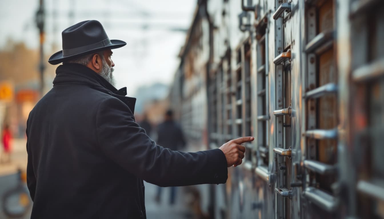 AI generated:  high definition - a man wearing black coat and hat getting ready to board indian train