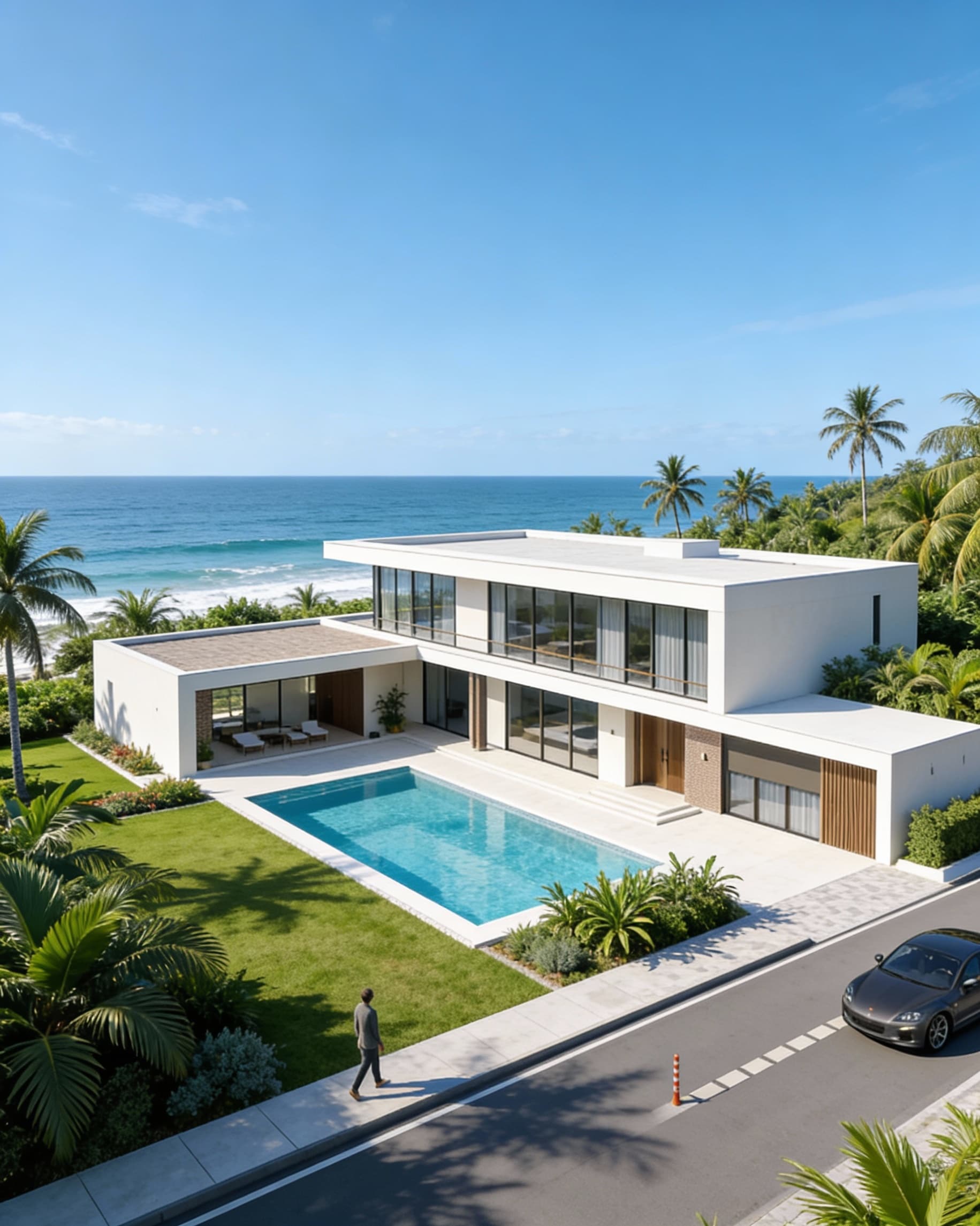 AI generated: ultra-modern mega villa by the sea with swimming pool and green space with beautiful open space and ...