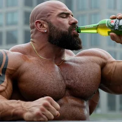 AI generated video: "Ultra-realistic photograph of a massive, hyper-muscular bald man in his late 30s drinking a green H...