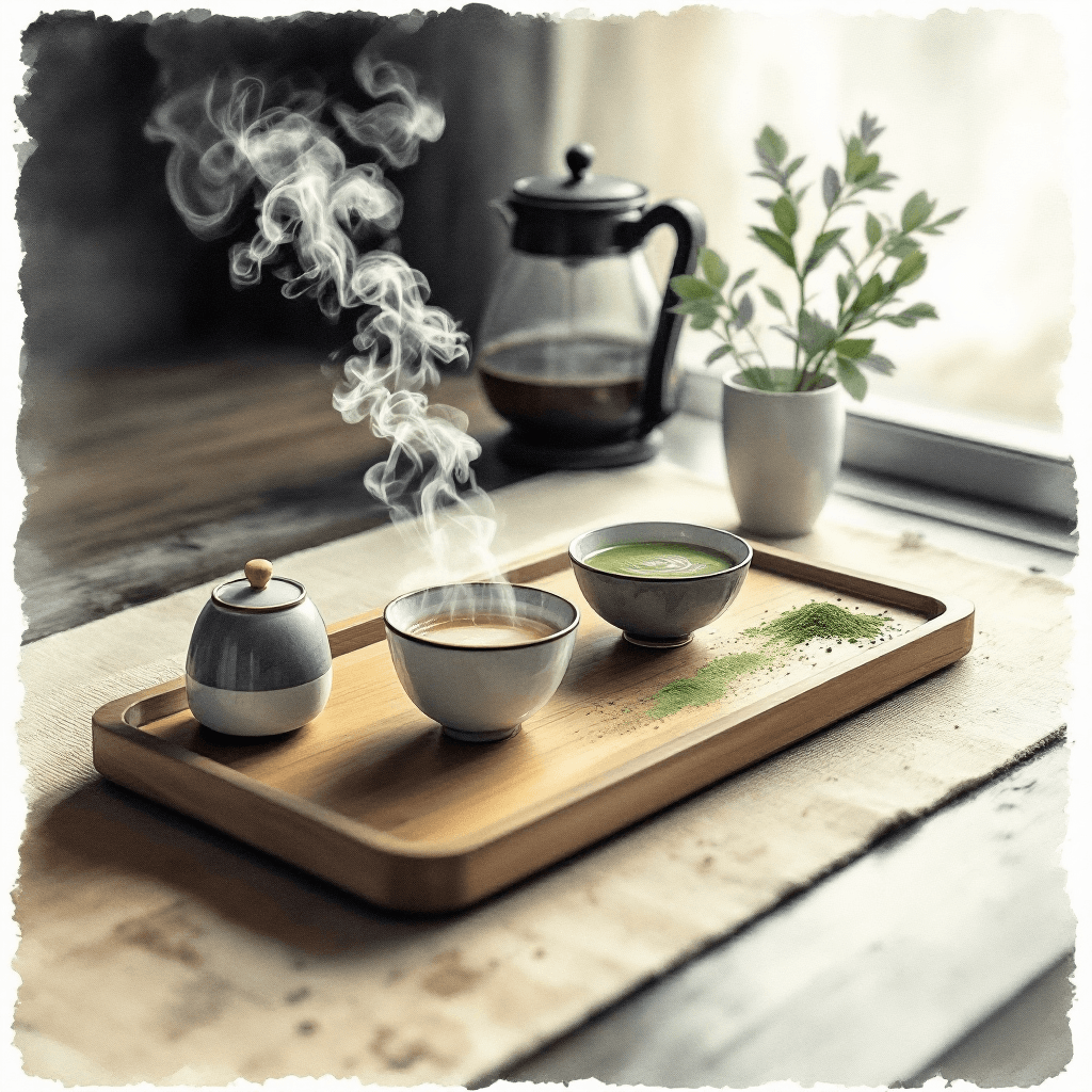 AI generated: A modern Japanese tea set on a wooden tray with matcha powder and steam rising, zen minimalism.cinem...