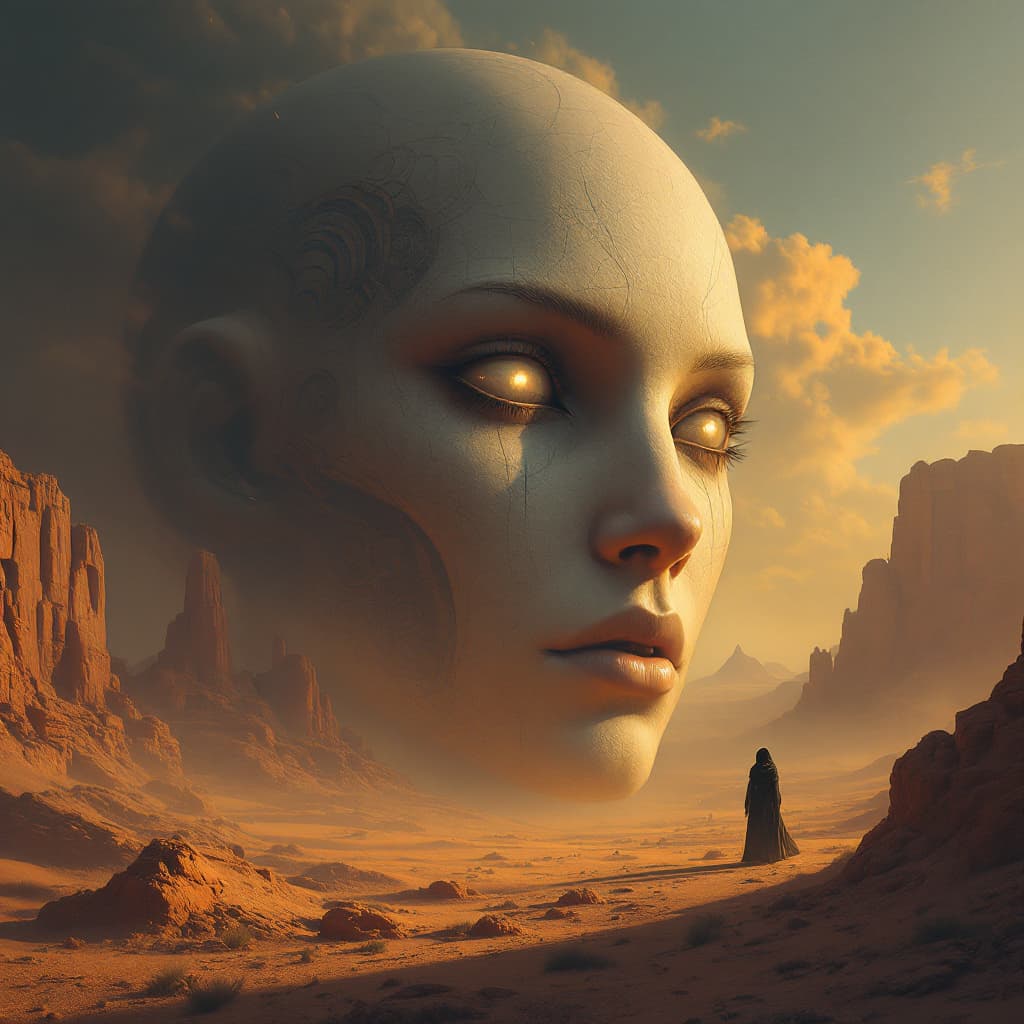 AI generated: large humanoid face with detailed and complex facial in the desert, a fantasy landscape in the style...