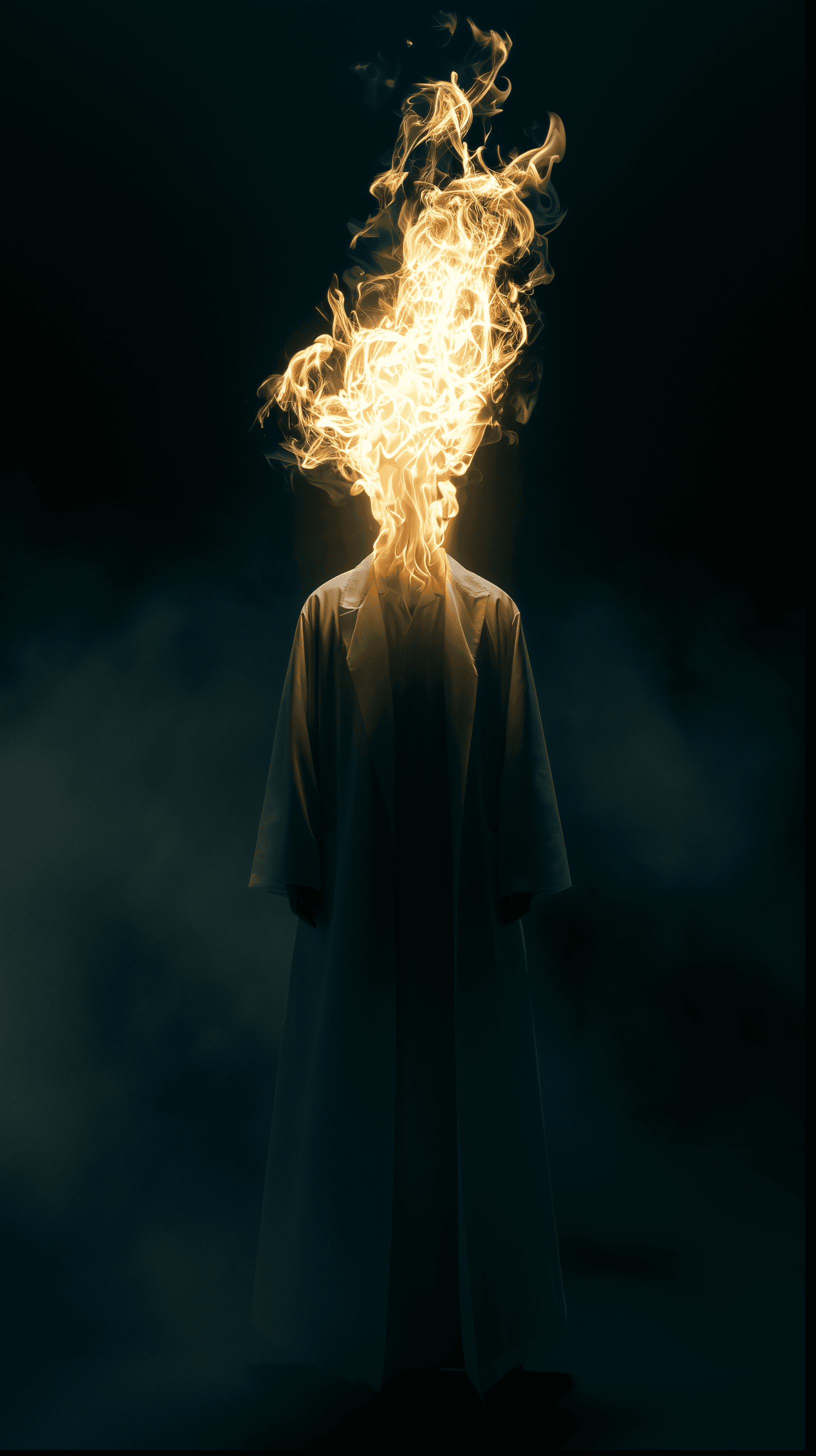 AI generated: surreal portrait photography, front central profile, lonely figure, wearing an oversized white coat,...