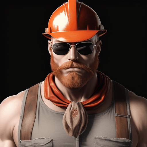 AI generated:  realistic image of a bald muscular man with a red beard and sunglasses with a hard hat on and a ban...