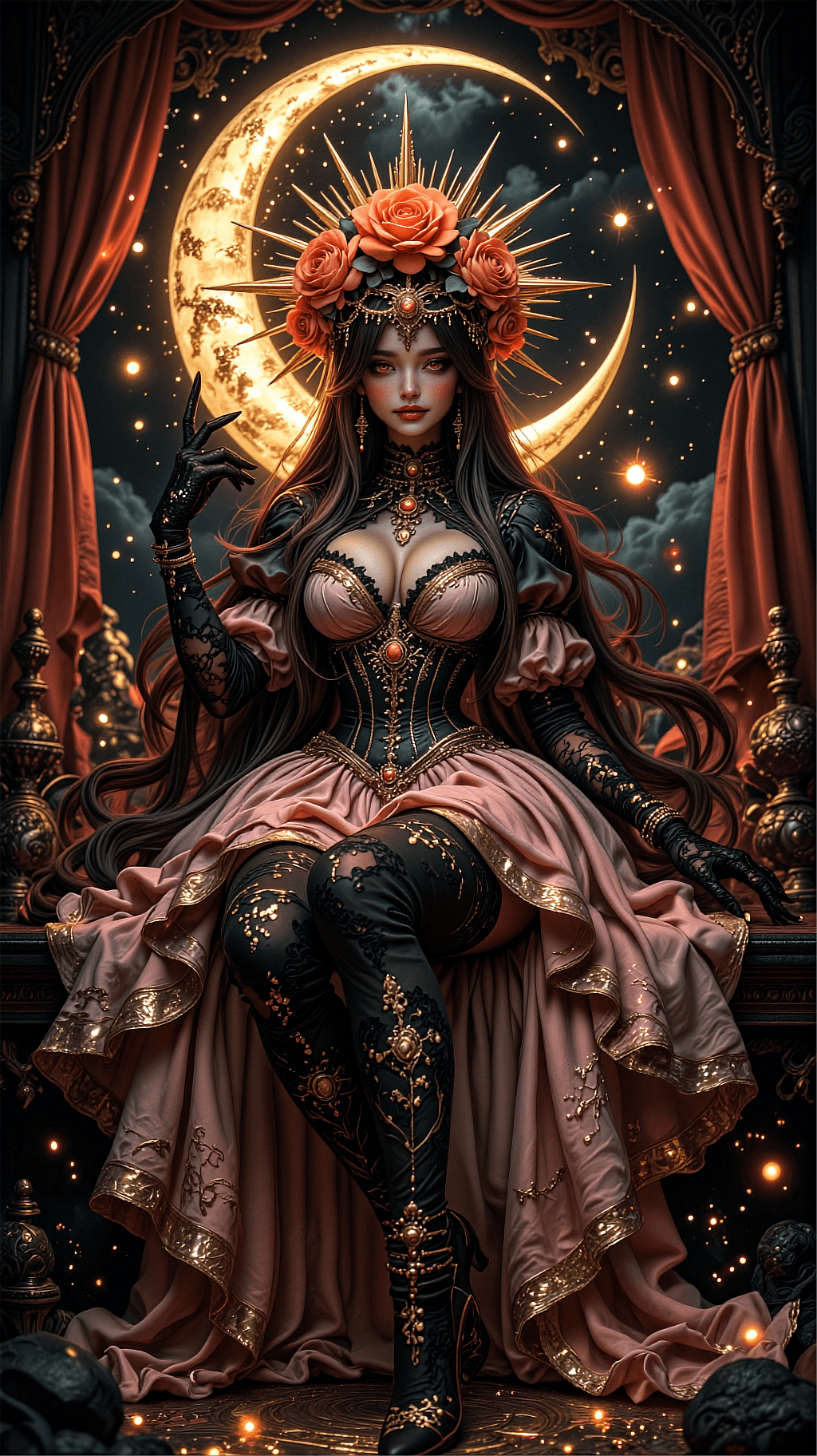 AI generated: A vertical high-fantasy masterpiece illustration of a celestial queen seated on a mystical stage. Sh...