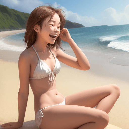 AI generated: A girl is sitting on the beach, laughing, slim figure