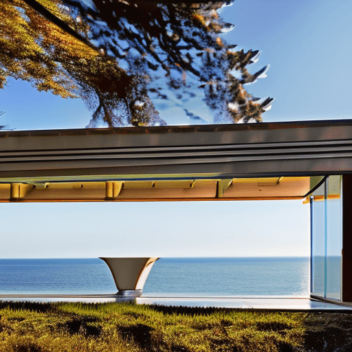AI generated: Hyper realistic eye level exterior photo of a mid century modern style house overlooking the ocean, ...