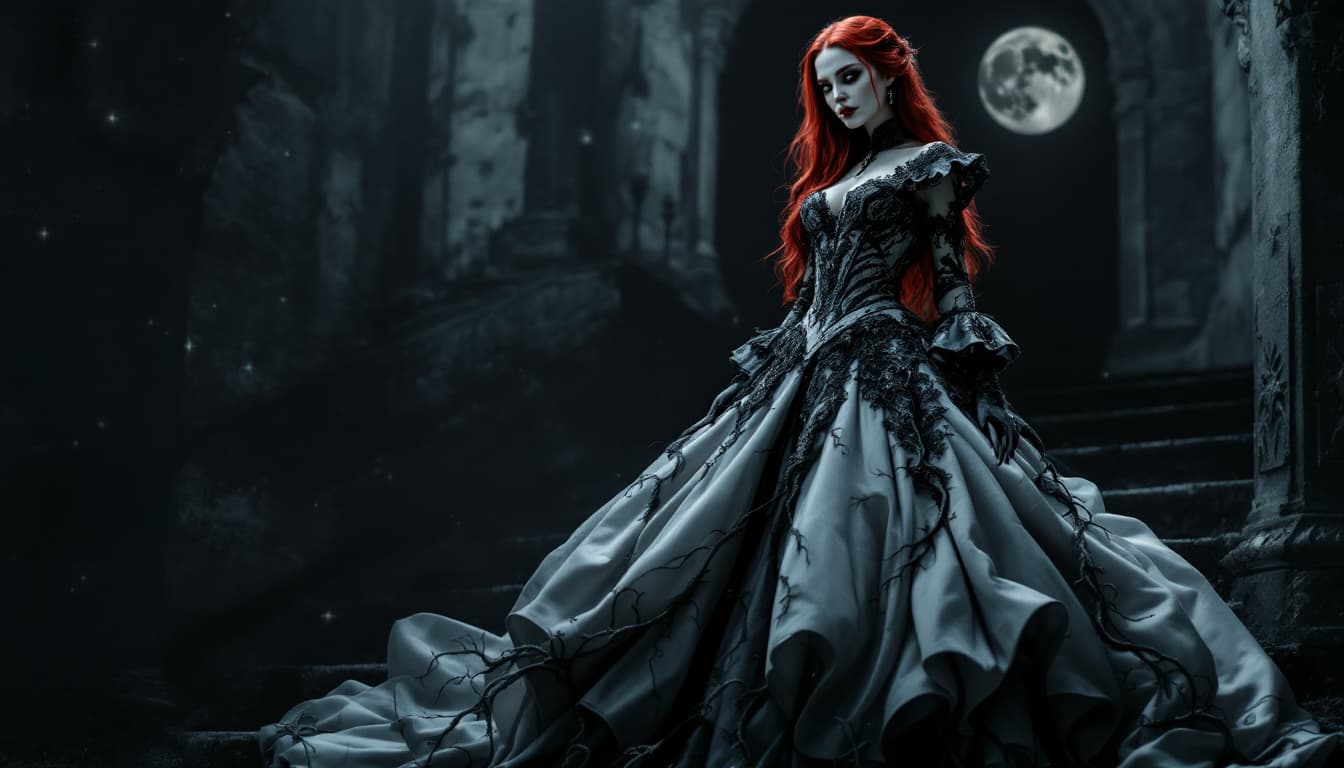 AI generated: A full shot of a female vampire with long crimson colored hair dressed in a gown with a Victorian-er...