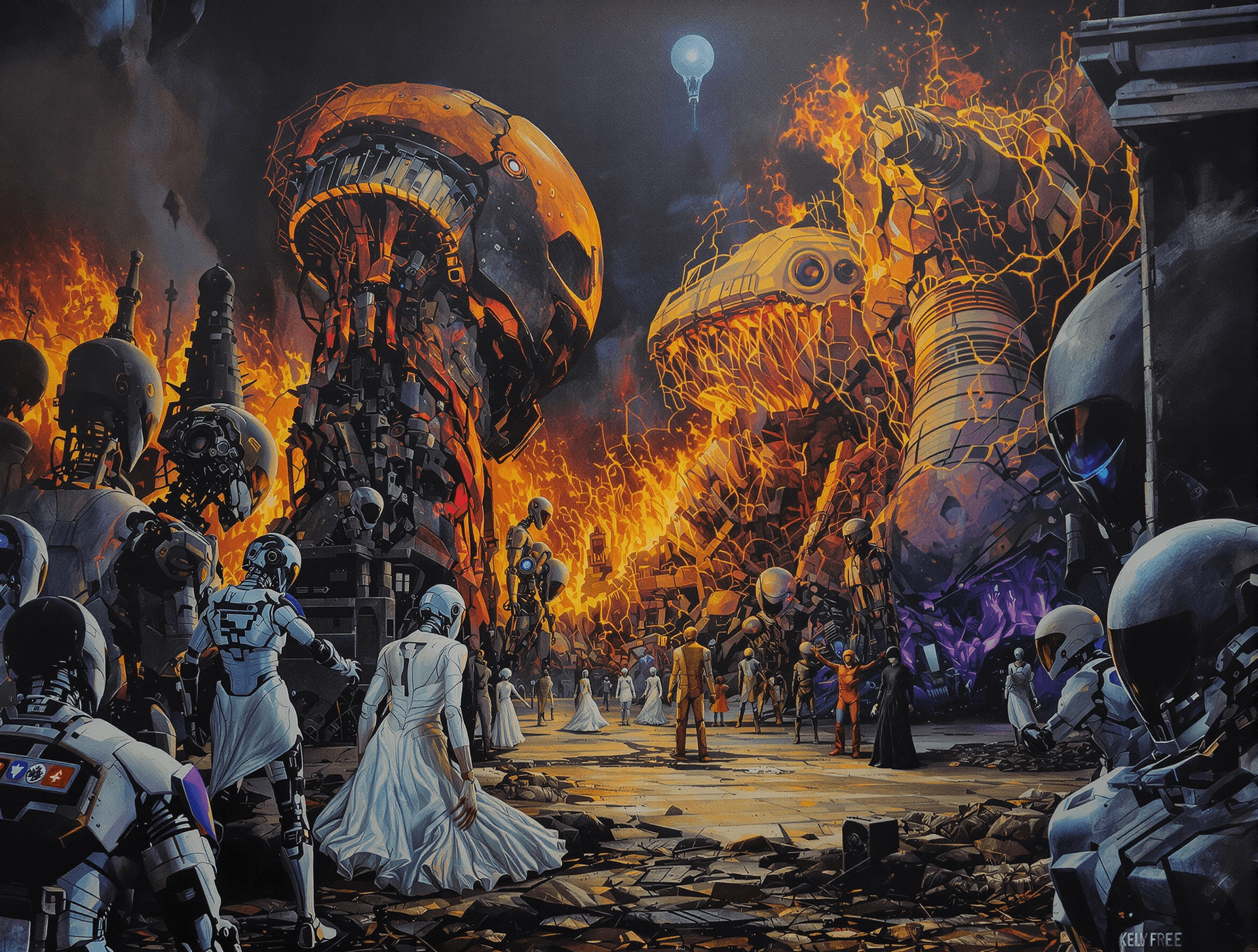 AI generated: The day the machines became god, a scene of dark sci-fi, painted by Kelly Freas, highly realistic, h...