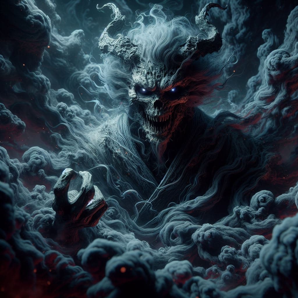 AI generated: In a dark, ominous realm, Ryomen Sukuna, the ancient, malevolent curse from Jujutsu Kaisen, floats m...