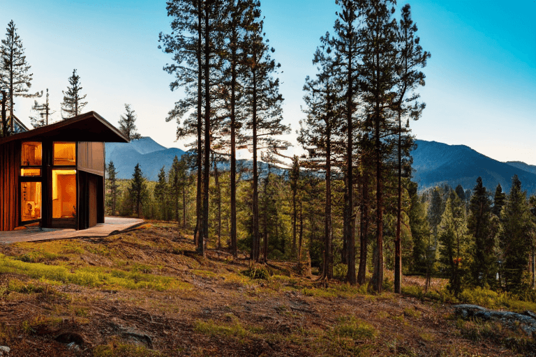 AI generated: single story modern cabin, mountains in background, very focused, pine trees at edge of property, in...