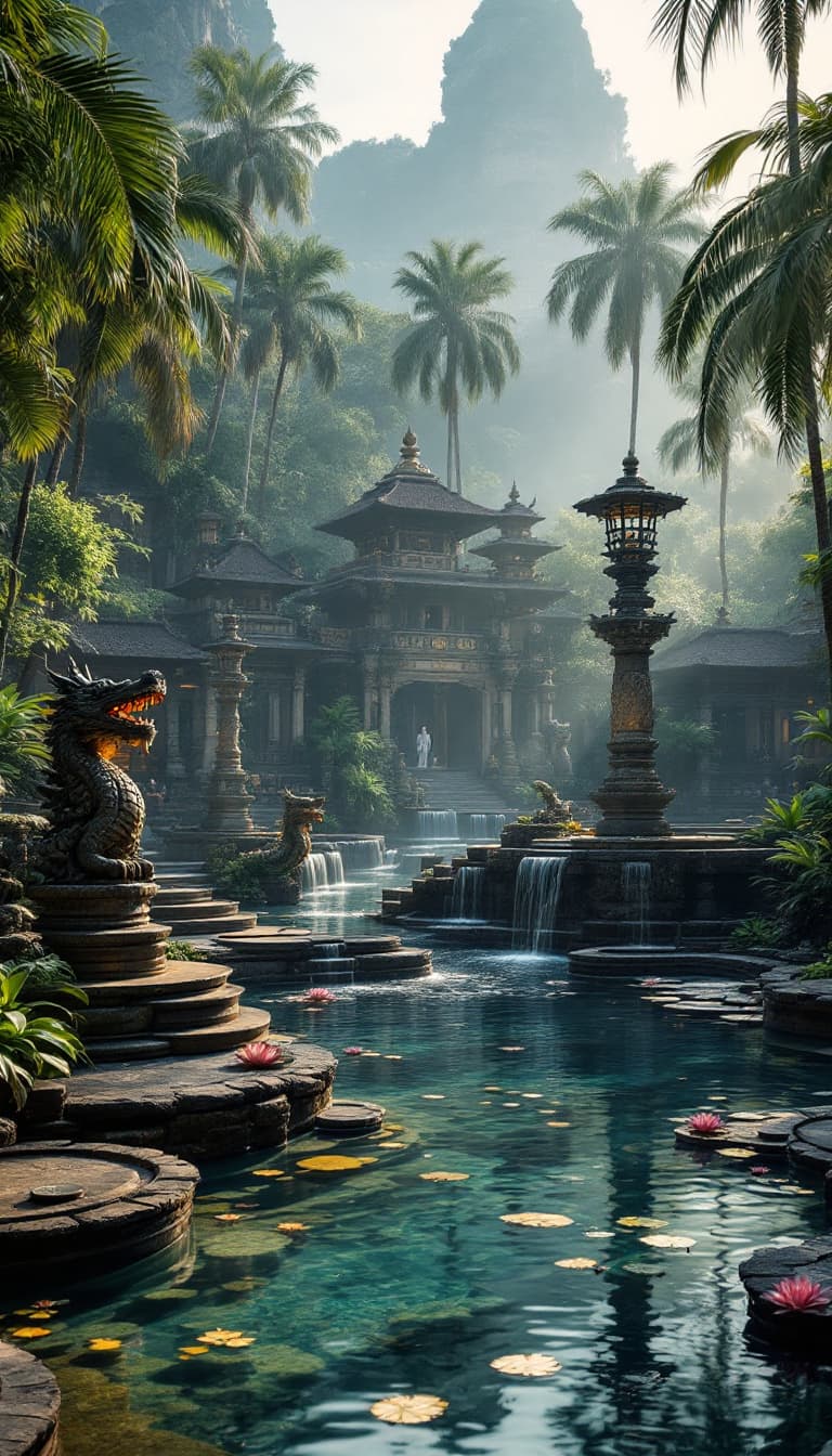 AI generated: Ancient Balinese water palace with ornate stone sculptures, multi-tiered fountains, lily ponds with ...