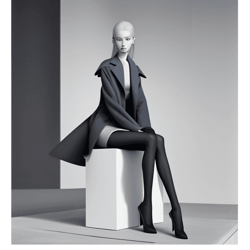 AI generated: a woman sitting on top of a white cube, official jil sander editorial, blue and grey tones, trending...