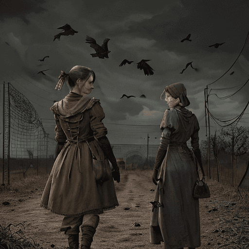 AI generated: Large gris-gris bag, crows flying in background, barbed wire, large highly detailed ochre colored ru...