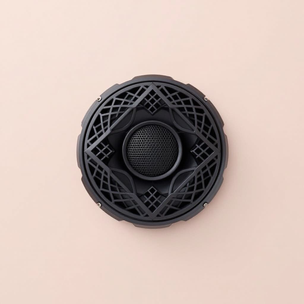 AI generated: A 2-inch circular speaker cover with a unique and intricate grill design. The grill pattern should b...