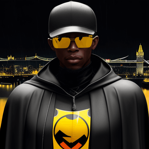 AI generated: 
A blackman, with a black baseball cap backwards,red sunglasses, in a black metallic dark knight arm...