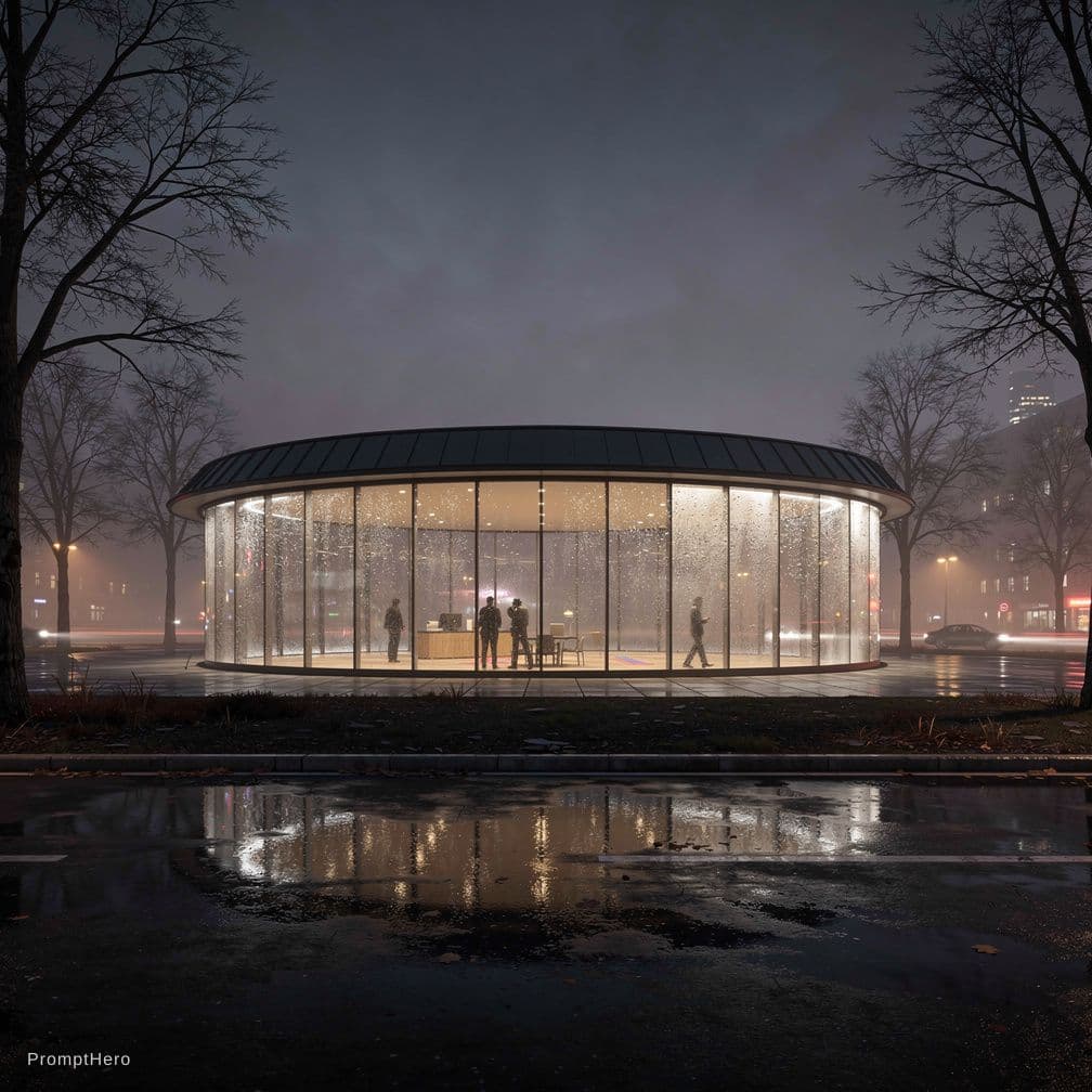 AI generated: modern minimalist architecture, contemporary pavilion design, symmetrical curved structure, panorami...