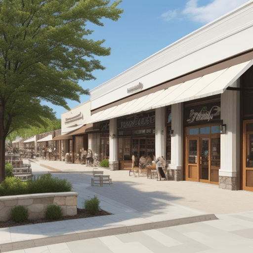 AI generated: Strip shopping center, building has stone features, wood features, white paint, restaurants, outdoor...