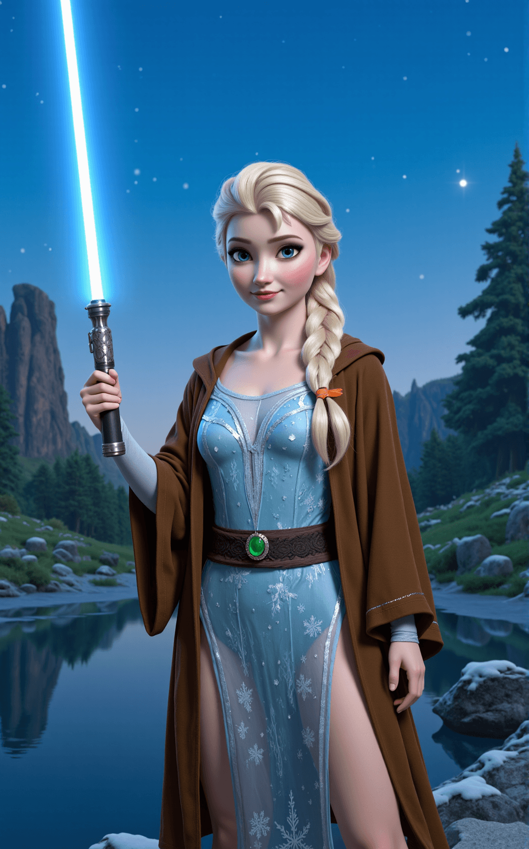 AI generated: Create a fantastical and serene scene set in a picturesque, otherworldly landscape. The background s...