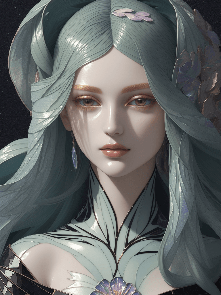 AI generated: Close-up of a mysterious female figure masterpiece made of enamel mosaic with an iridescent texture....
