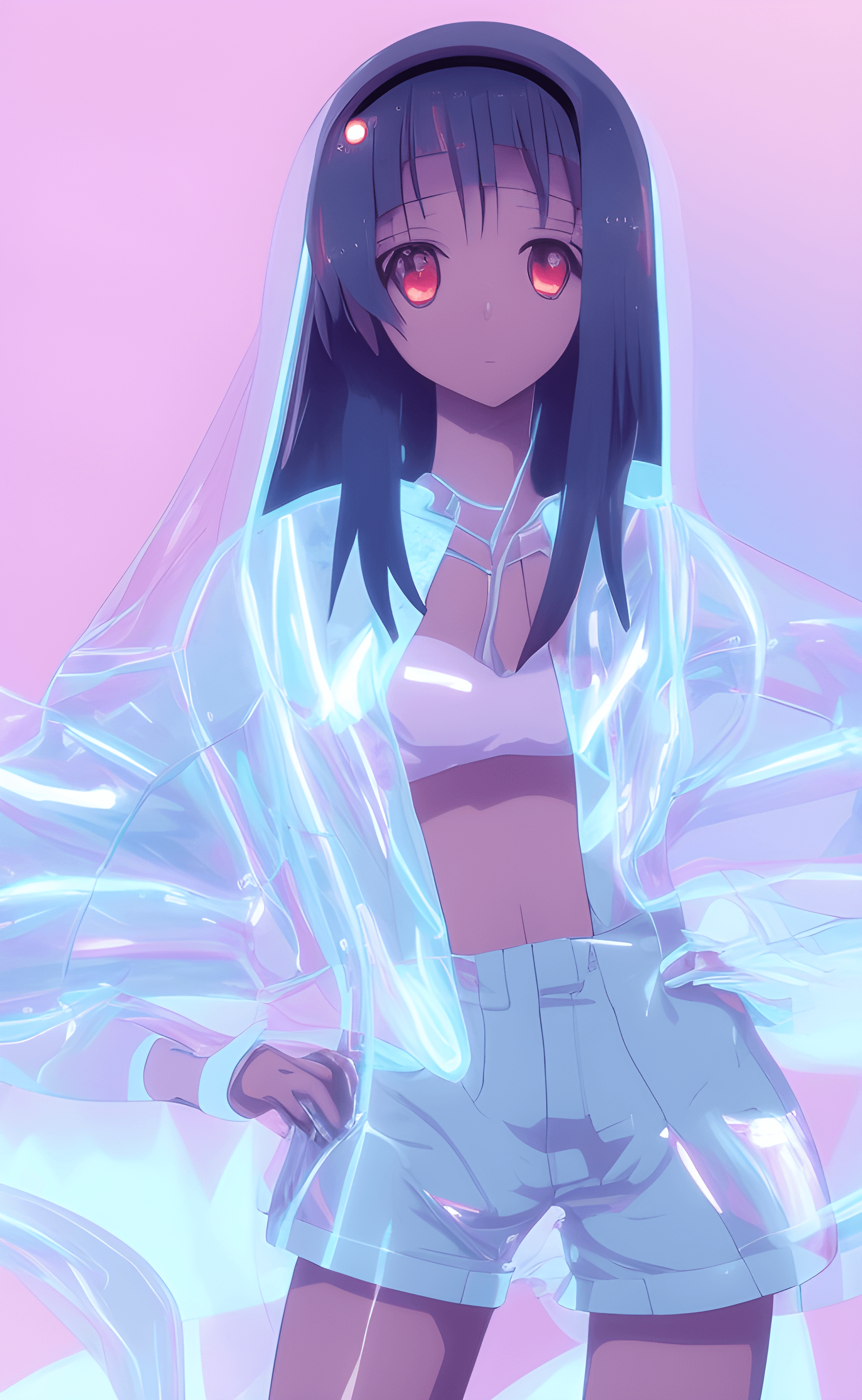 AI generated: a close up of a person wearing shorts and a shirt, black anime manga girl, transparent veil, wearing...