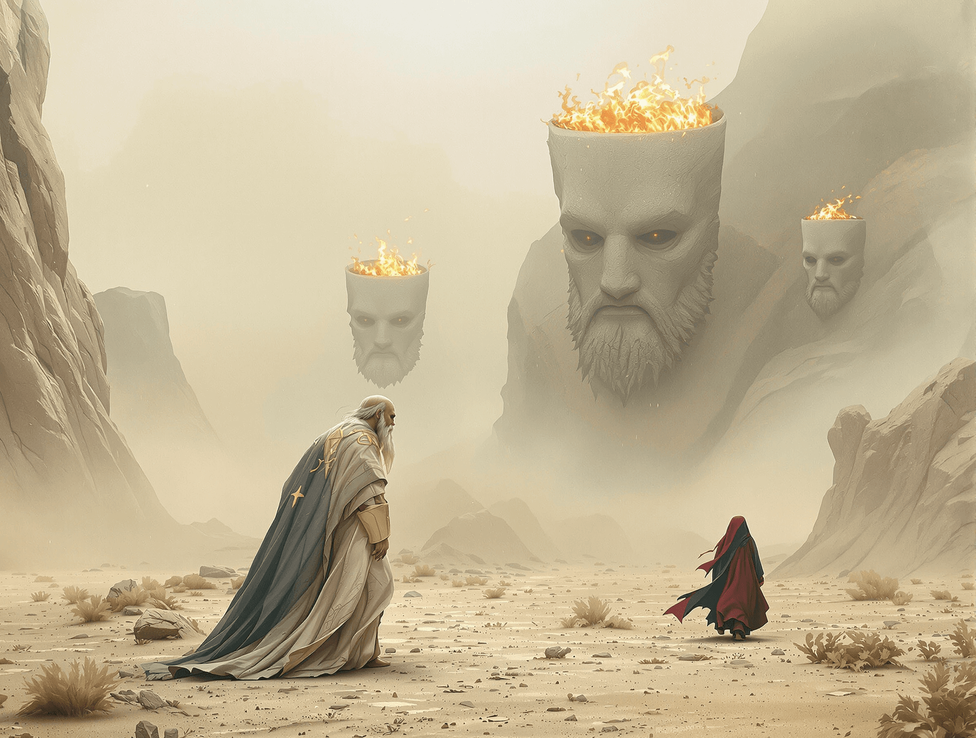 AI generated: Sci-fi, an (ancient looking man:1.3), who looks (like a Prophet from Biblical times:1.5), wanders a ...