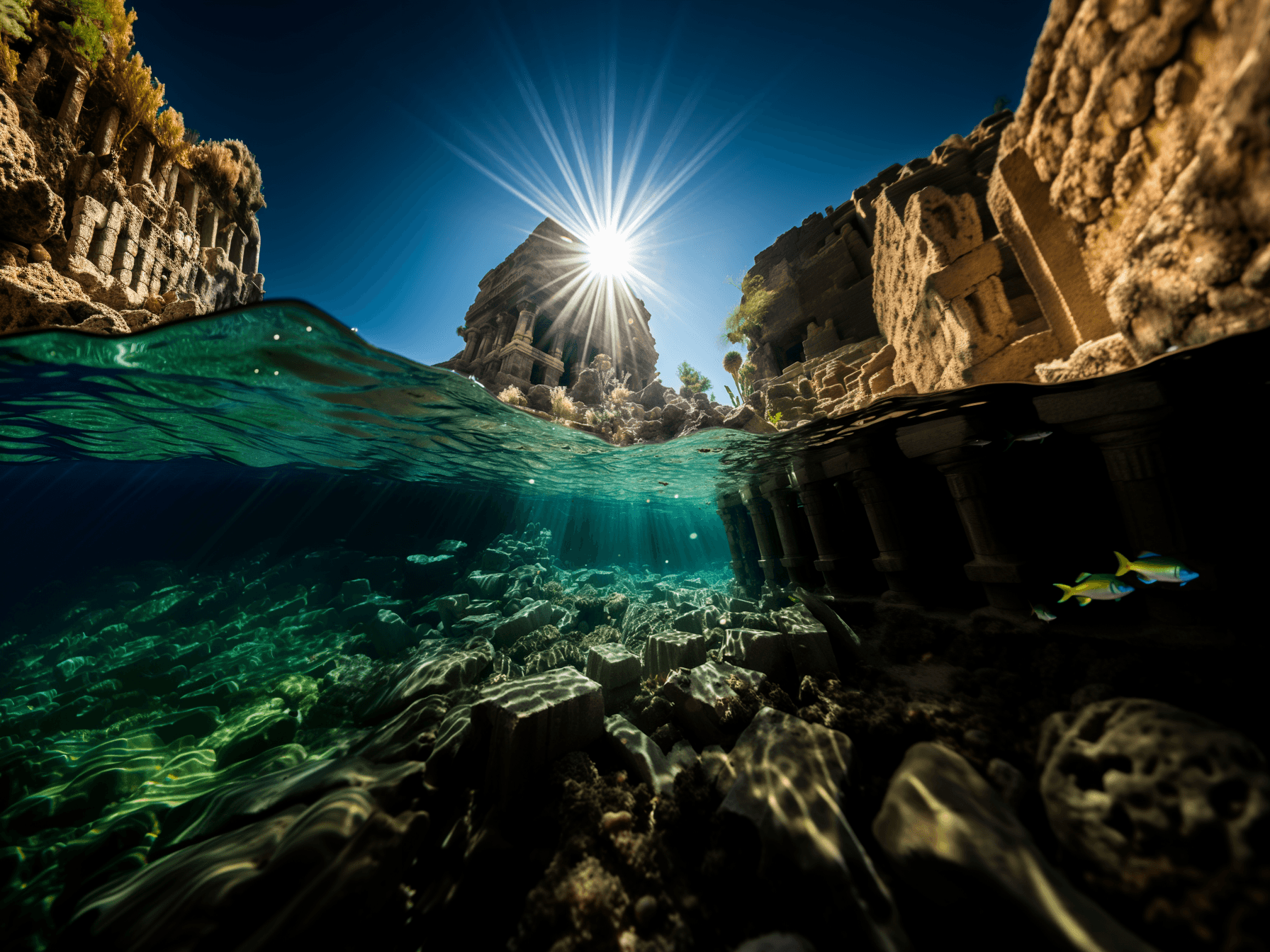 AI generated: color photo of an ancient temple discovered deep underwater, part of the lost city of Atlantis. The ...