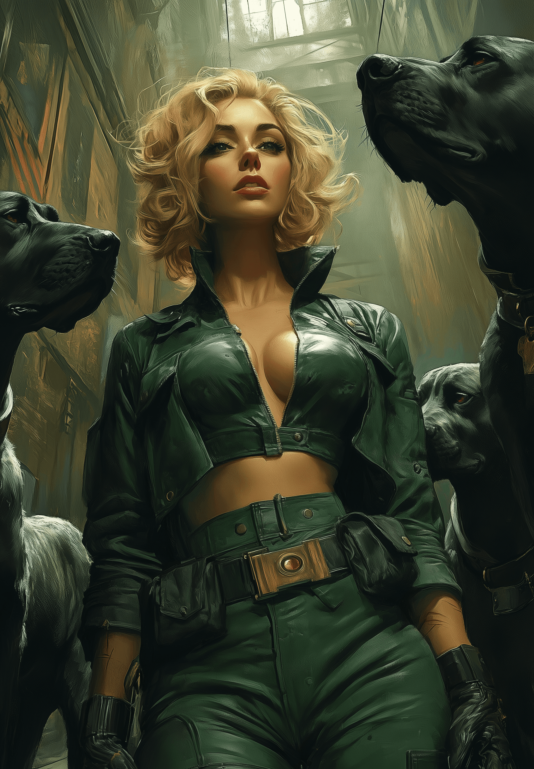 AI generated: A female green-skinned space pirate with short, curly blonde hair, surrounded by large black dogs in...