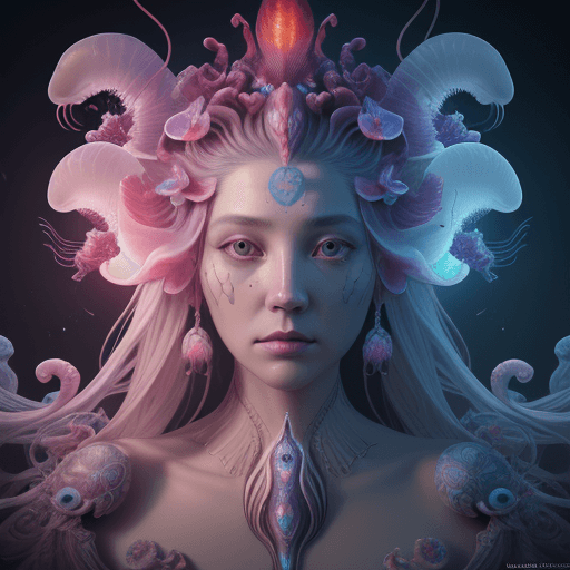 AI generated: Goddess close-up portrait ribcagel. jellyfish phoenix head, nautilus, orchid, skull, betta fish, bio...