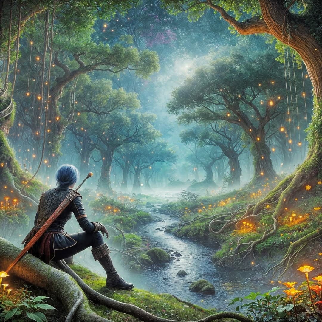 AI generated: An ultra-detailed, hyper-realistic video game concept illustration showing an enchanted forest at ni...