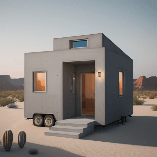 AI generated: concrete exterior, square 20'x20' tiny home, appliances, solar powered, dreamy big windows, architec...