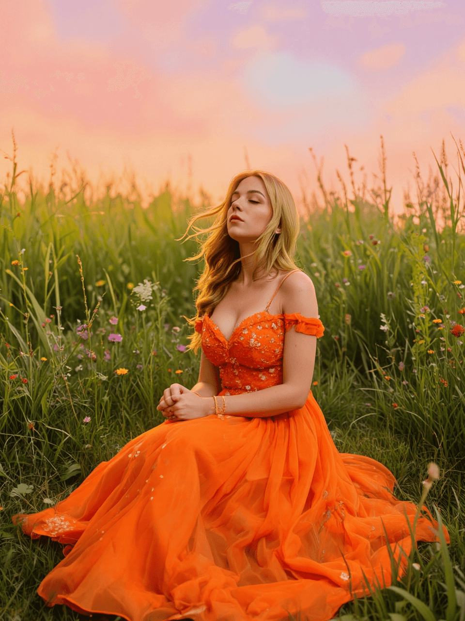 AI generated: A beautiful and charming figure sits in a meadow, surrounded by wildflowers and tall grass. She wear...