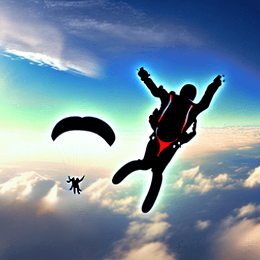 AI generated: Skydiver with parachute, falling through the clouds