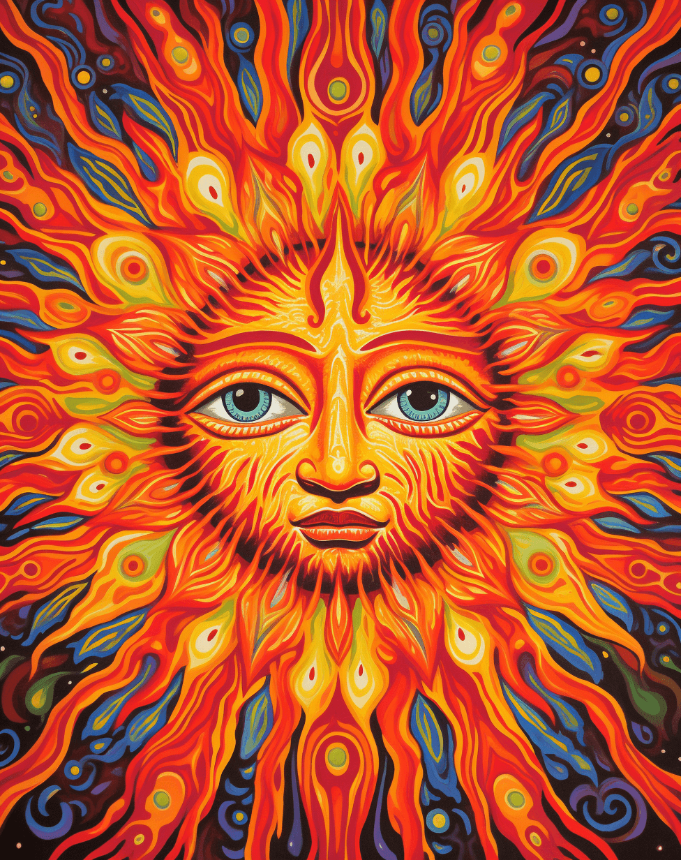 AI generated: A yellow and orange colored background with an eye in the center, suns radiating out from it, trippy...