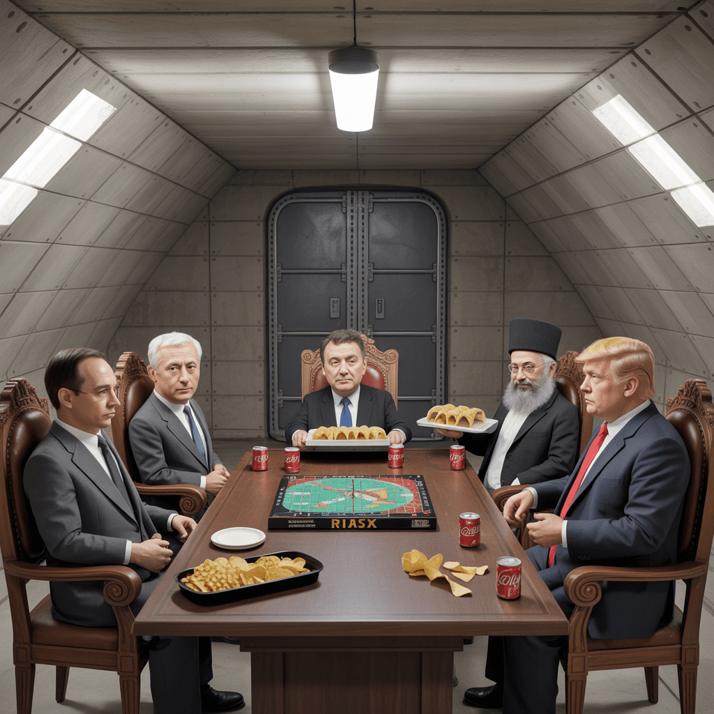 AI generated: Create a South Park style cartoon of a fortified bomb shelter, walls made of concrete, with light an...