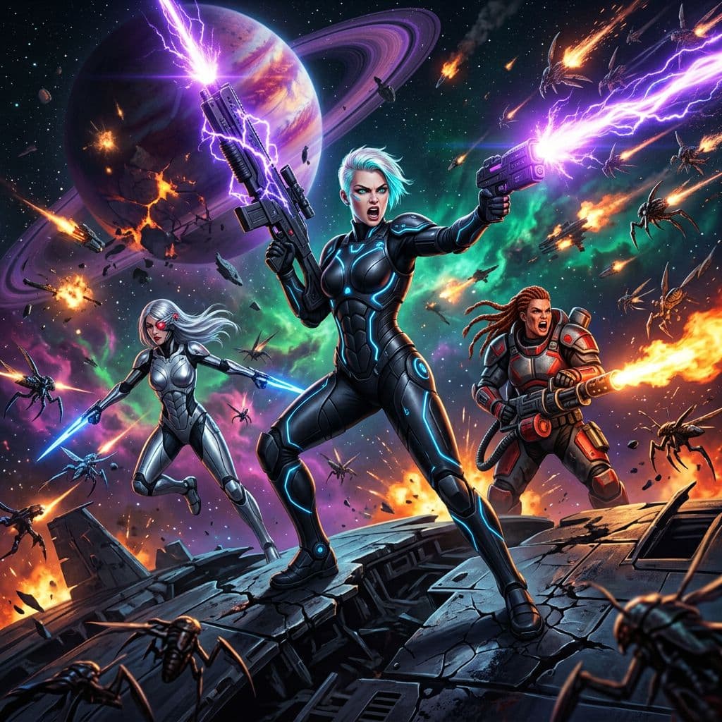 AI generated: A stunningly beautiful and fierce female space marine heroine with sharp angular features, piercing ...
