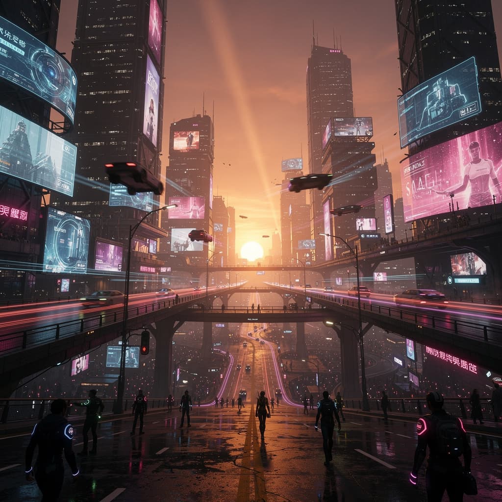 AI generated: A cyberpunk city at sunset