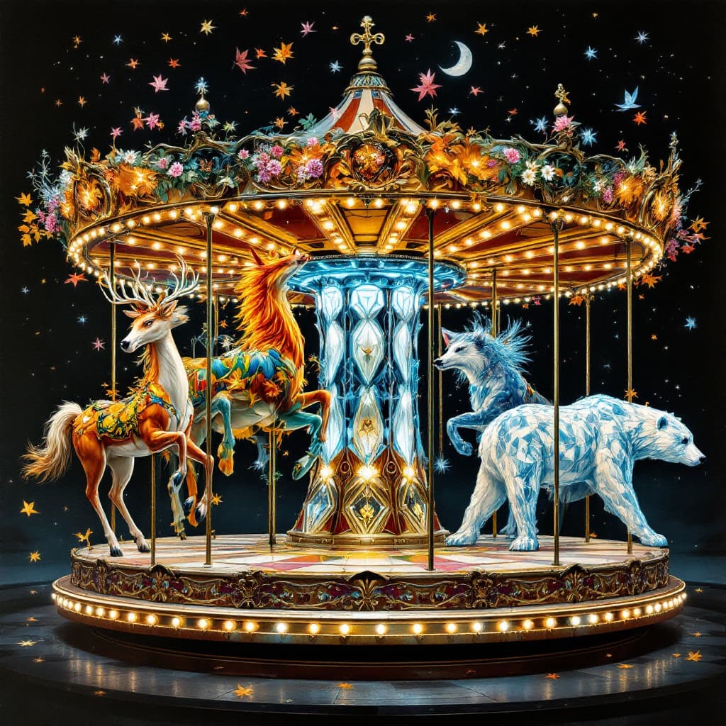 AI generated: Depict a surreal carousel with four intricately detailed mounts: a deer covered in spring blossoms, ...