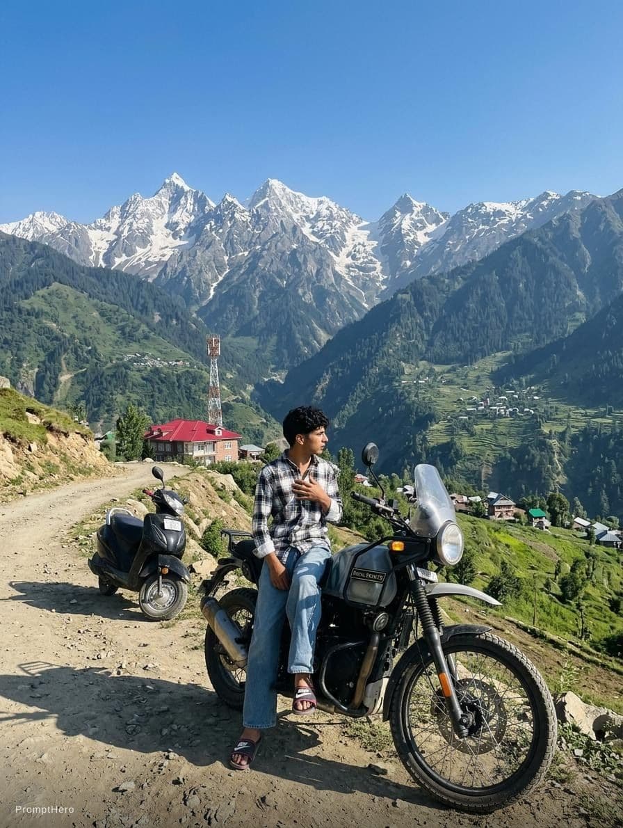 AI generated: On the top of the mountain behind Himalayan bike