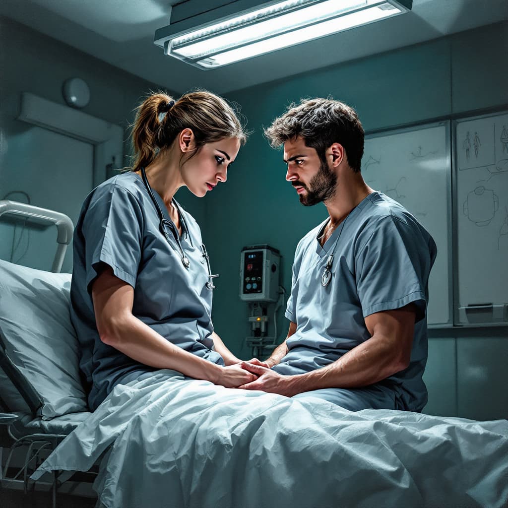 AI generated:  A detailed, dramatic painting in the Mixed Media Art style, depicting a modern hospital setting. A ...