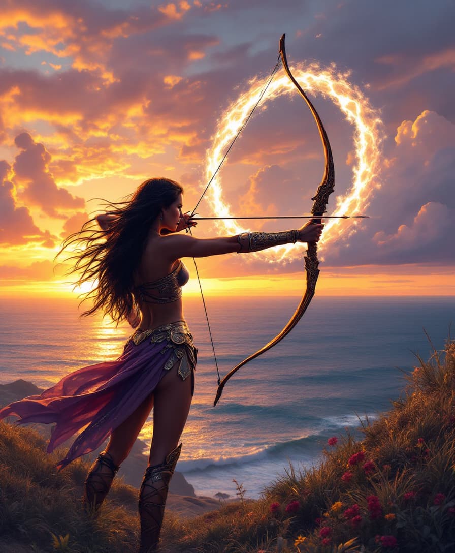 AI generated: In a deeply idyllic scene, a stunning Amazon of supernatural beauty stands on a hill overlooking a v...