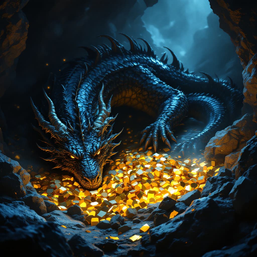 AI generated: elder dragon sleeping atop treasure hoard, dim cavern light --v 7 --ar 4:5 --style dark majestic fan...