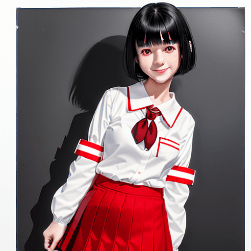 AI generated: Photograph, f/5, very short black hair with choppy bangs, Japanese smiling thin girl wearing red ski...