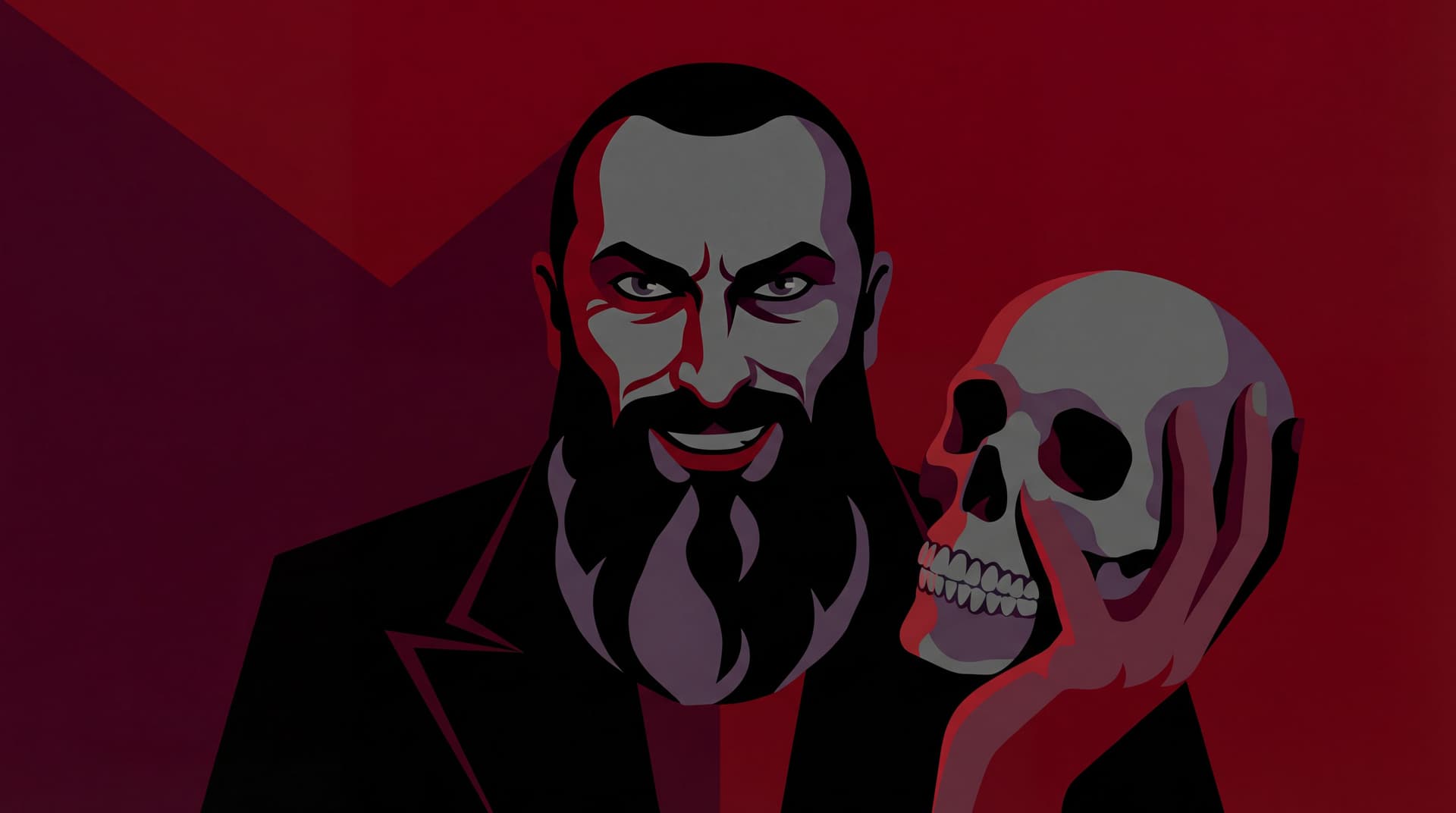 AI generated: Create in Malika Favre art style. Horror scary color theme. Him holding a human skull in his hand wi...